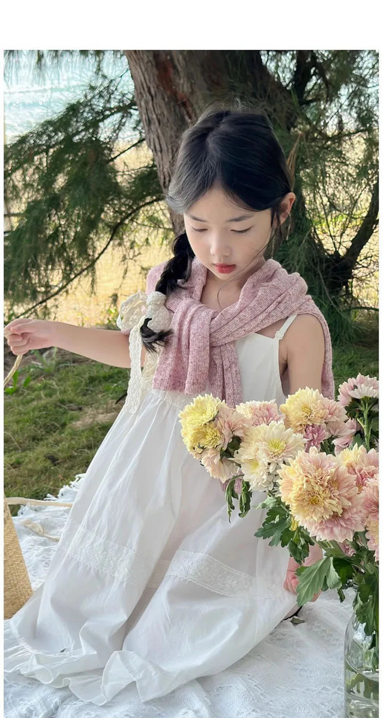 2026 New Girls Dresses Summer Solid Suspenders Dress Hollow-out Long-Sleeved Base Blouse Kid's Beach Wear