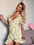 Chic Ruffle Print Slim Short Dress Women Chic Patchwork Flared sleeves V-neck Pleated Dresses 2026 Lady Summer Casual Vestidos
