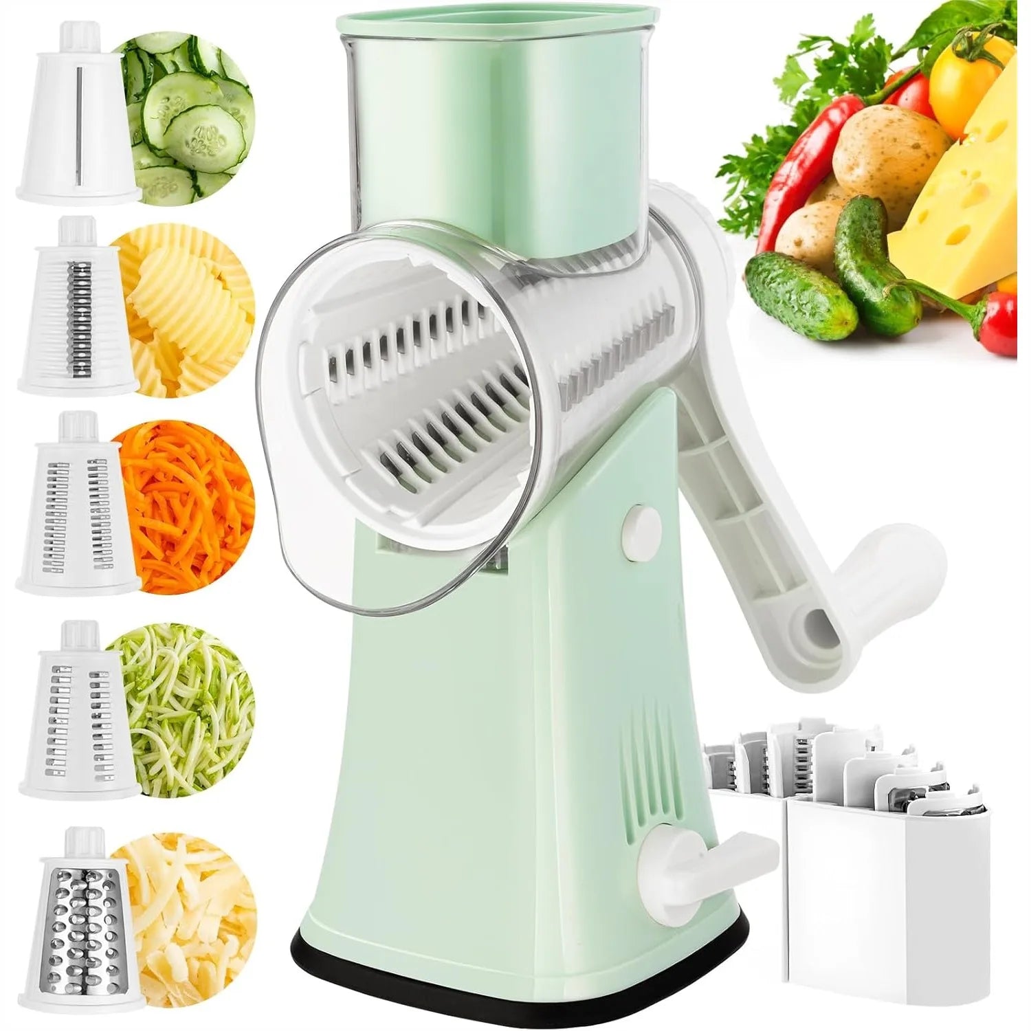 Rotary Cheese Grater, 5 in 1 Cheese Shredder with Handle, Replaceable Stainless Steel Blades, Vegetable Slicer, Easy Clean
