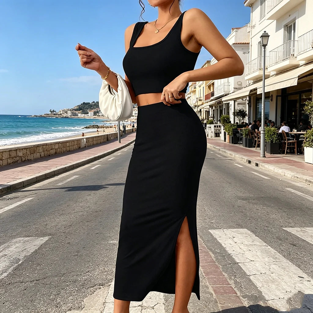 2026 New Women's Black Ribbed 2 Piece Set Sleeveless Crop Top + High Waist Split Midi Skirt Casual Bodycon Summer Outfits