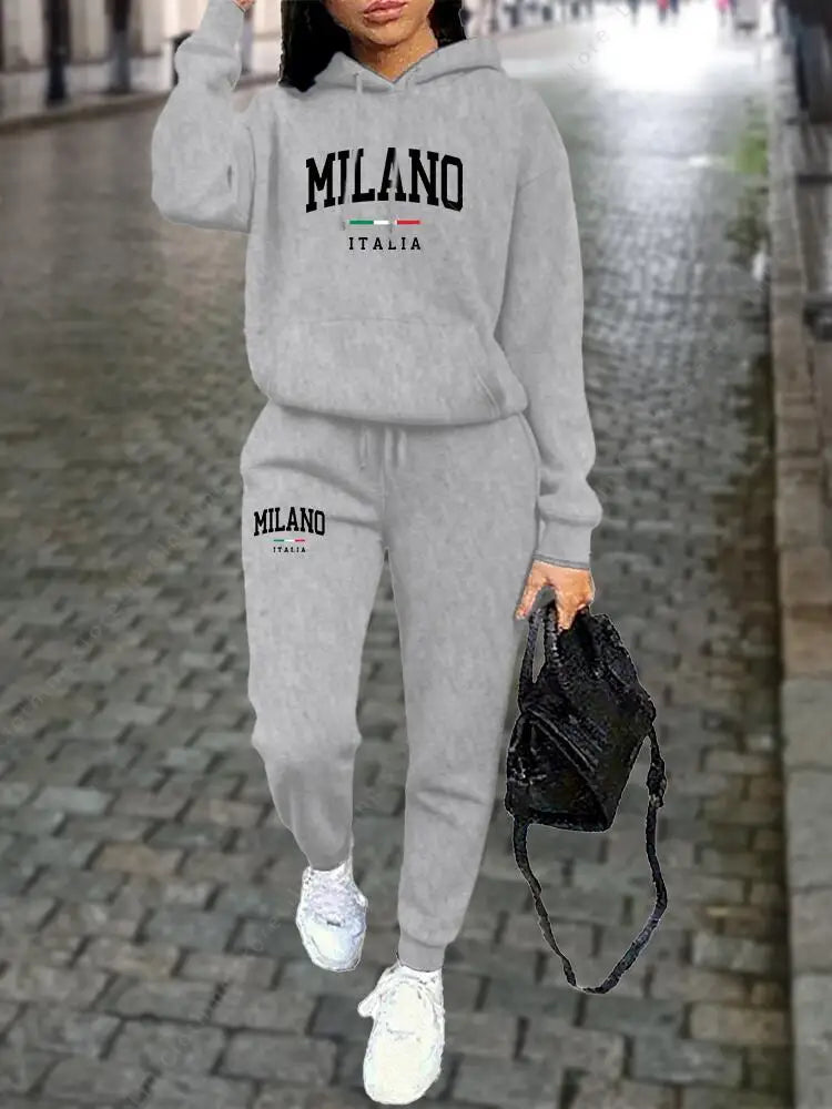 MILANO Pants Sets for Women Clothing High quality Sweatshirt Sweatpant Hoodie Suit 2 Piece Autumn Winter Outfits Woman Tracksuit