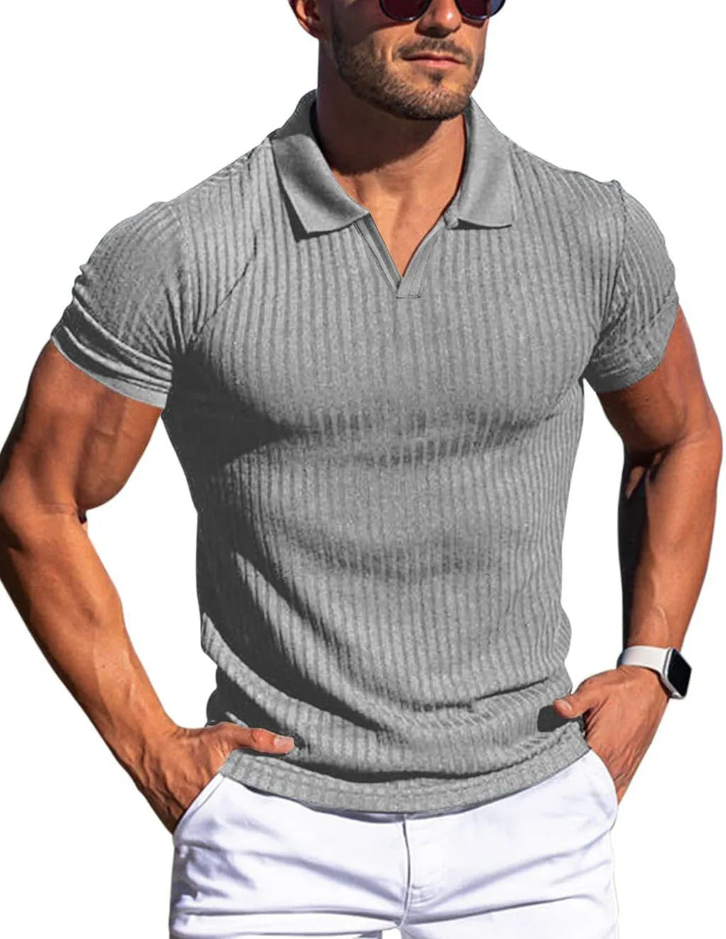 Men's Slim Fit V-Neck Ribbed T-Shirt 2025 Summer Casual Short Sleeve Muscle Fit Tops Streetwear Fashion Bodycon Tees