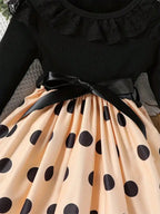 2026 casual new girls' polka dot pattern lace border collar spliced princess style belt dress, girls' spring and summer clothing