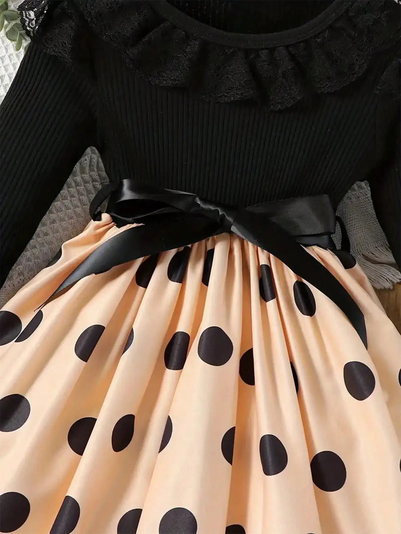 2026 casual new girls' polka dot pattern lace border collar spliced princess style belt dress, girls' spring and summer clothing