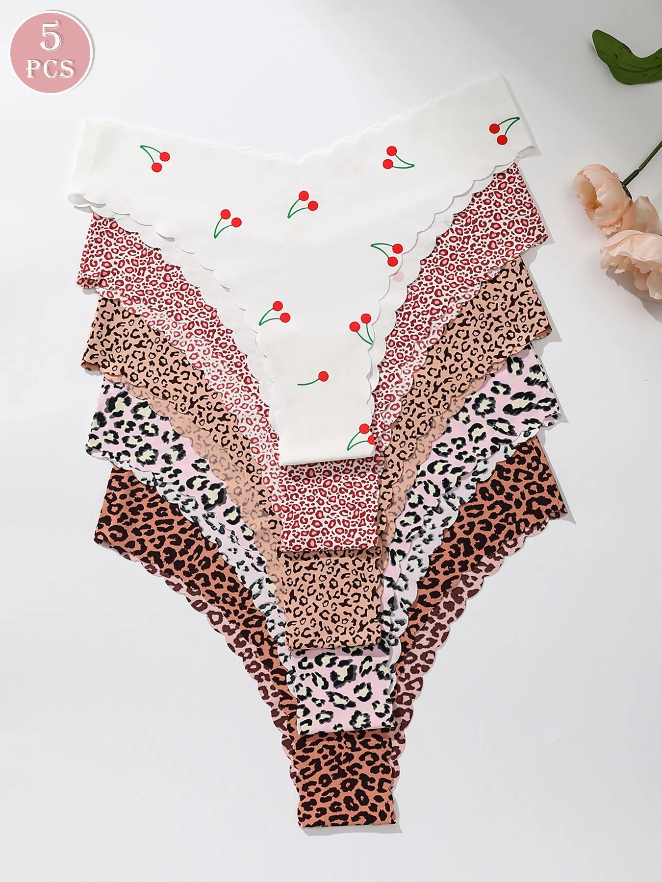 5-piece set of fully printed women's triangle panties with wavy edges, smooth and skin-friendly soft women's underwear
