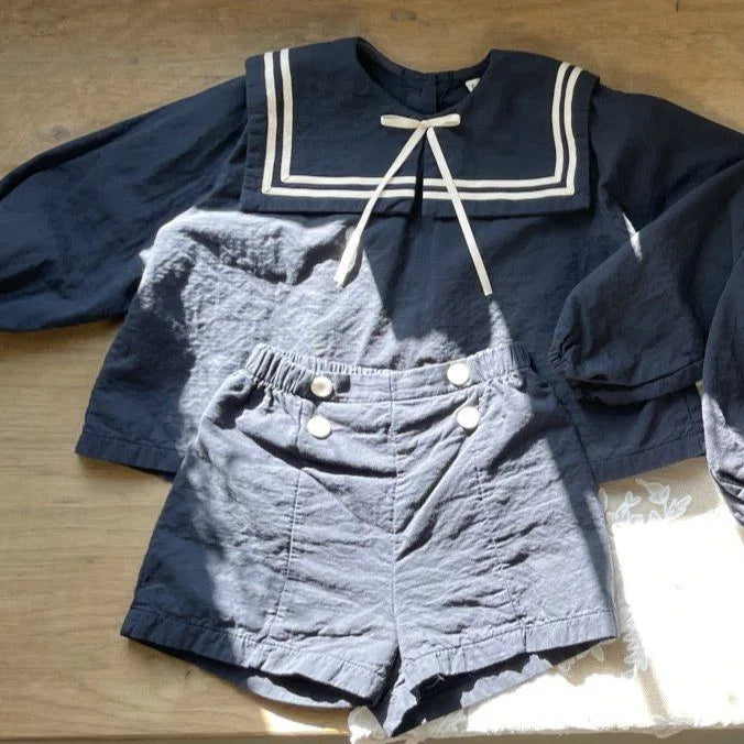2026 Summer New Children Long Sleeve Clothes Set Boys Girls Bow Sailor Collar Shirts + Shorts 2pcs Suit Kids Cotton Outfits