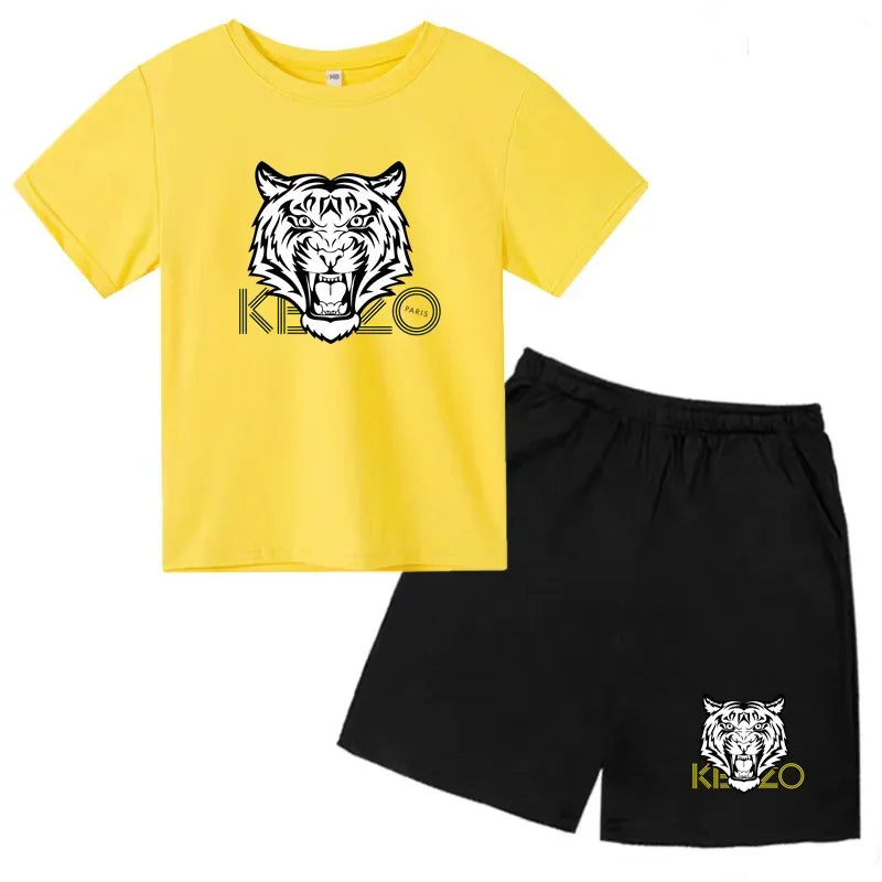 Kids T-shirt Boys Girls Toddlers 3-12Y Fashion Cute Tiger Print Brand Clothing Short Sleeve+Shorts 2P Outdoor Leisure Sports Set