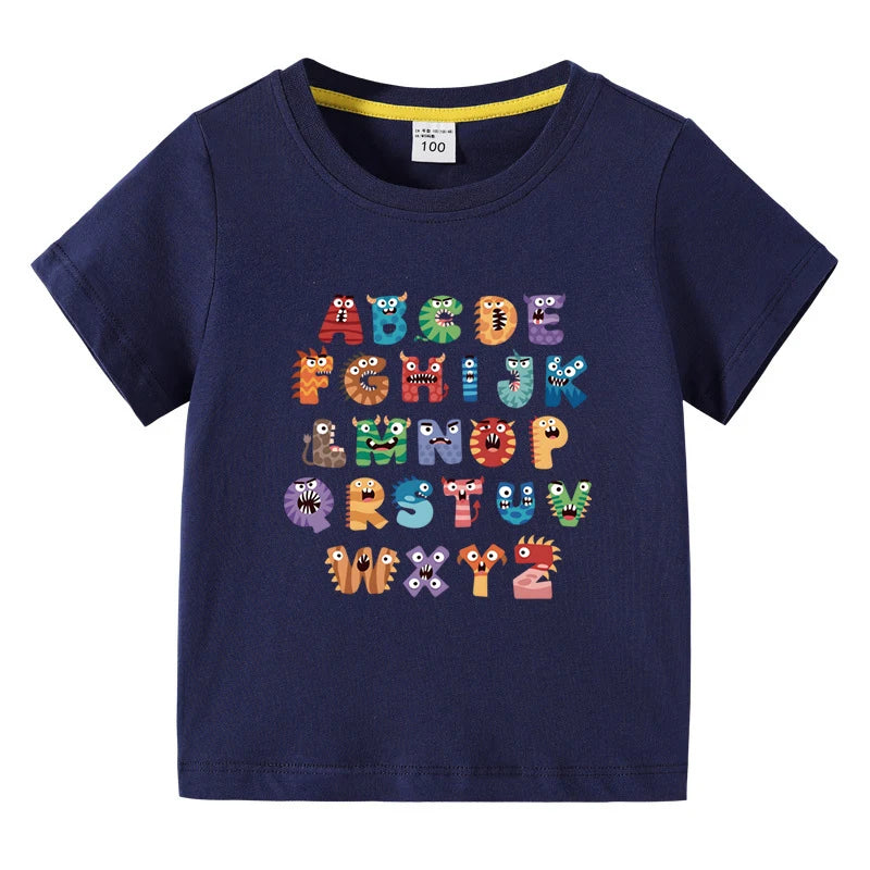 Boys Girls T-Shirt 26 Letters Print Black 100% Cotton Short Sleeve Tee Soft Casual Summer Tops for Kids Children