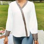 Spring and Autumn Women's V-neck Leopard Printed Thin Casual Elegant Long Sleeve Top