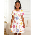 2026Girls White Bottom Colorful Flower Print Short Sleeve Dress