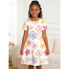 2026Girls White Bottom Colorful Flower Print Short Sleeve Dress
