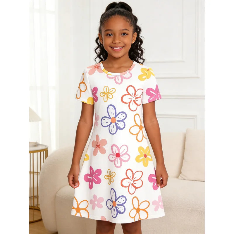 2026Girls White Bottom Colorful Flower Print Short Sleeve Dress