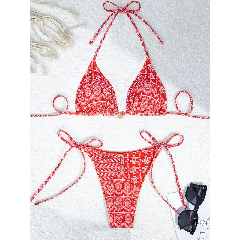 Sexy Leopard Print Two Piece Swimsuit Set Triangle Bra Suspender Halter Backless Bikini Set Beach Vacation Lace-up Swimwear
