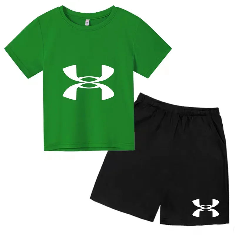 enfants en 2 piècesT-shirt et short de sport à manches courtes pour enfants avec logo imprimé - Ensemble de vêtements de sport