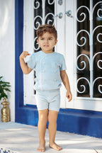 Clearance AS 2024 Summer Blue Shabbos collection sister brother matching clothing 100% cotton floral and knitted kids clothes