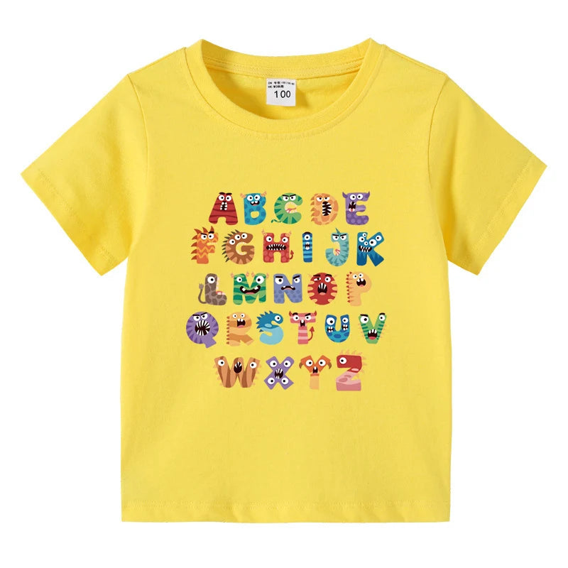 Boys Girls T-Shirt 26 Letters Print Black 100% Cotton Short Sleeve Tee Soft Casual Summer Tops for Kids Children