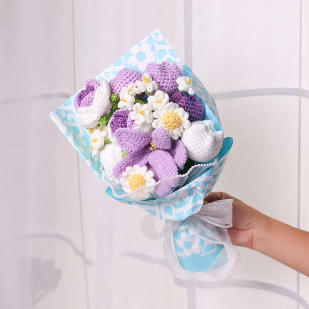Handmade Crochet Flower Bouquet Knitted Rose Artificial Flowers For Home Decor Valentine's Day Mother's Day Anniversary Gift