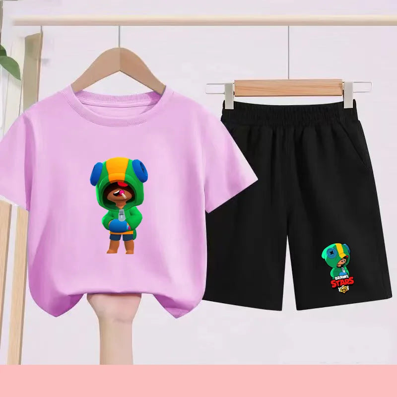 Children's Set Summer Suitable for Both Boys and Girls -Round-neck Cartoon Anime Sports T-Shirt Baby Short-Sleeved Shorts (Set)