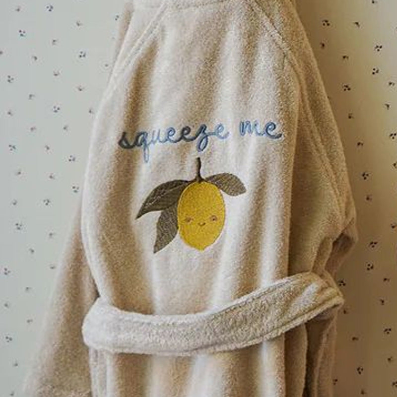 2026 KS Baby Boys Flannel Bathrobe Towel Children's Girls Toddler Girls Cherry Lemon Embroidery Cotton Hooded Bath Towel Pyjamas
