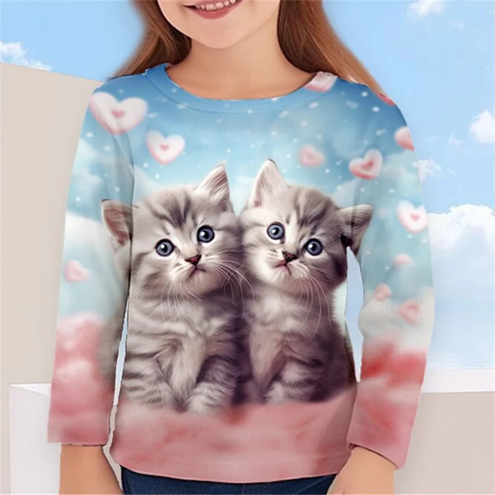 3D Cat Graphic T Shirts Autumn Clothing for Girls O-Neck Streetwear Top Long Sleeve T-Shirt Cartoon Animal Children's T-Shirts