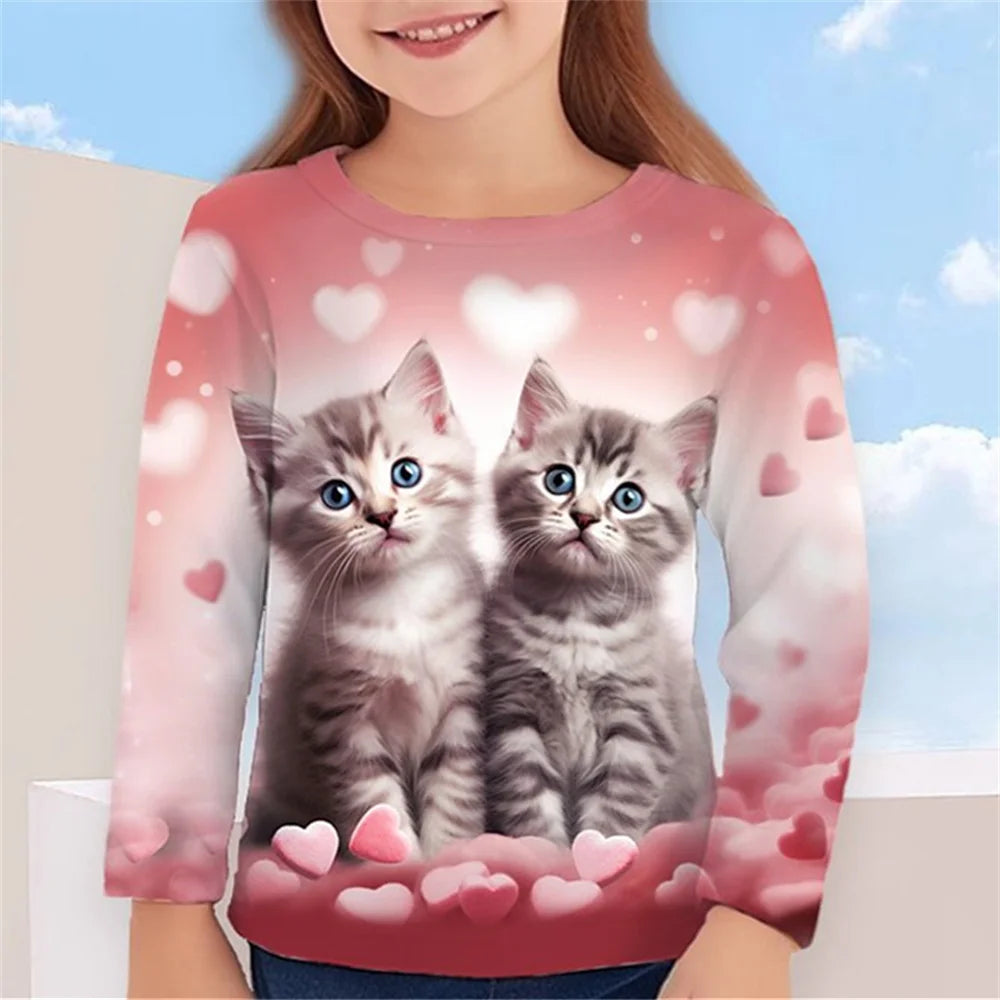 3D Cat Graphic T Shirts Autumn Clothing for Girls O-Neck Streetwear Top Long Sleeve T-Shirt Cartoon Animal Children's T-Shirts