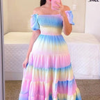 Women's Casual Dresses Elegant Off Shoulder Flower Print Short Sleeve Dress 2026 Trends Beach Birthday Party Dress Robe Vestidos