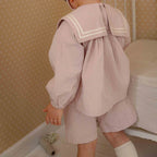 2026 Summer New Children Long Sleeve Clothes Set Boys Girls Bow Sailor Collar Shirts + Shorts 2pcs Suit Kids Cotton Outfits