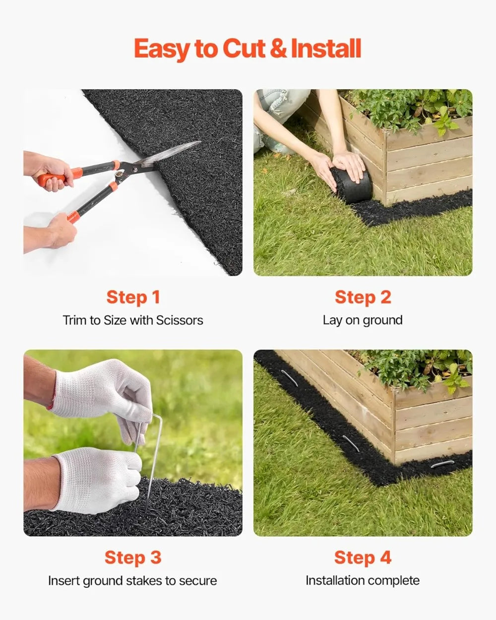 Recycled Rubber Mulch Mat Roll 4 Pack, 120x4.5 in Weed Barrier Garden Edging with Stakes, Durable Landscaping Border