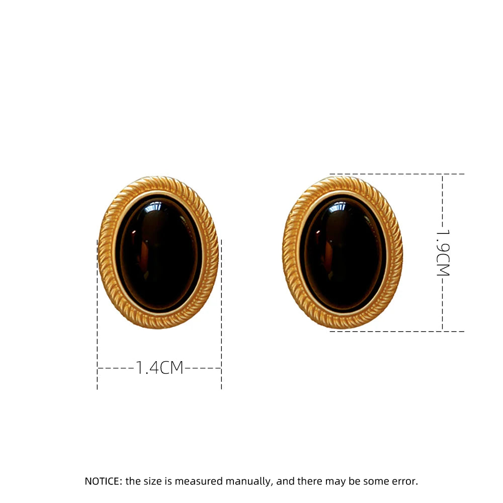 New Retro Gold Color Metal Line Black Oval Shaped Stud Earrings for Women Advanced Design Elegant Young Girls Party Jewelry