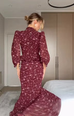 Elegant Choker V Neck Long Sleeve Maxi Dress Ruffle Wine Red Floral Print Waist Fishtail Hem Dresses Lady Party Evening Wear