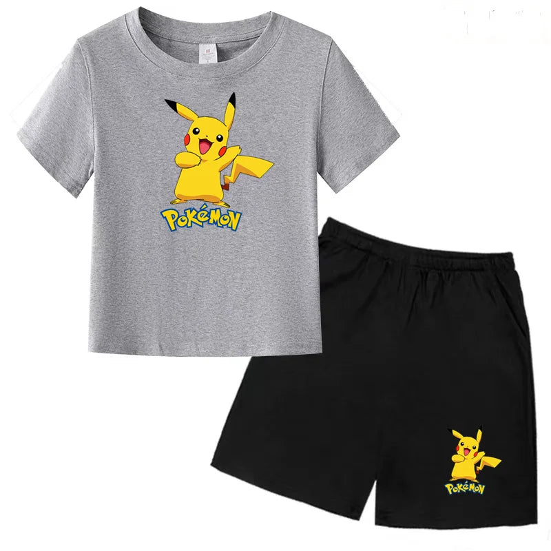 Children's Summer Set Boys and Girls Version Round-neck Cartoon Sports T-shirt - Short-sleeved Short Pants Set Clothing 3-13