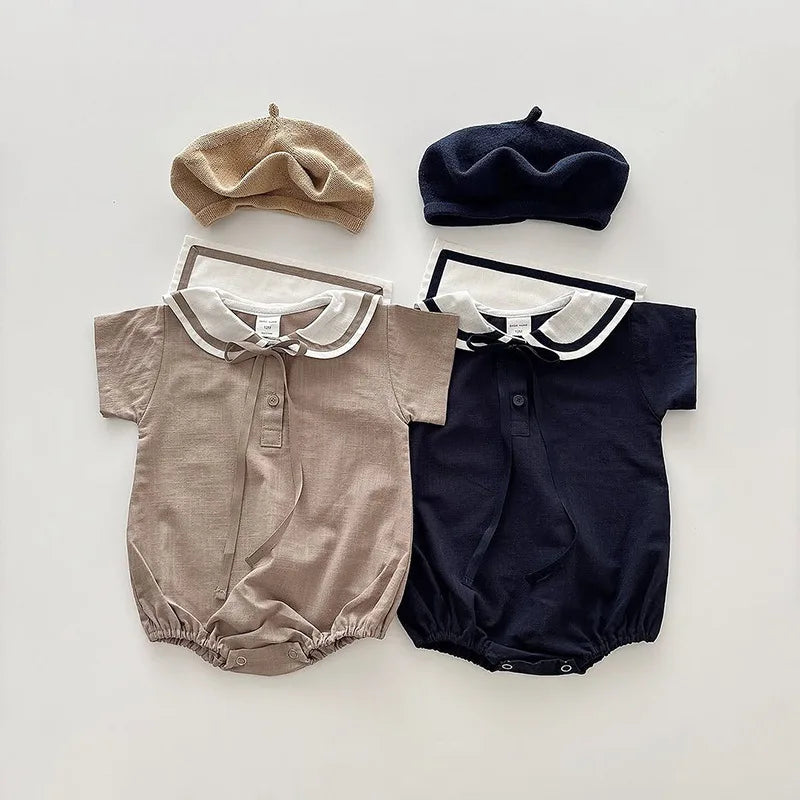 2026 Summer New Baby Short Sleeve Bodysuit Cotton Infant Girl Preppy Style Sailor Collar Jumpsuit Solid Newborn Clothes 0-24M
