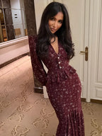 Elegant Choker V Neck Long Sleeve Maxi Dress Ruffle Wine Red Floral Print Waist Fishtail Hem Dresses Lady Party Evening Wear