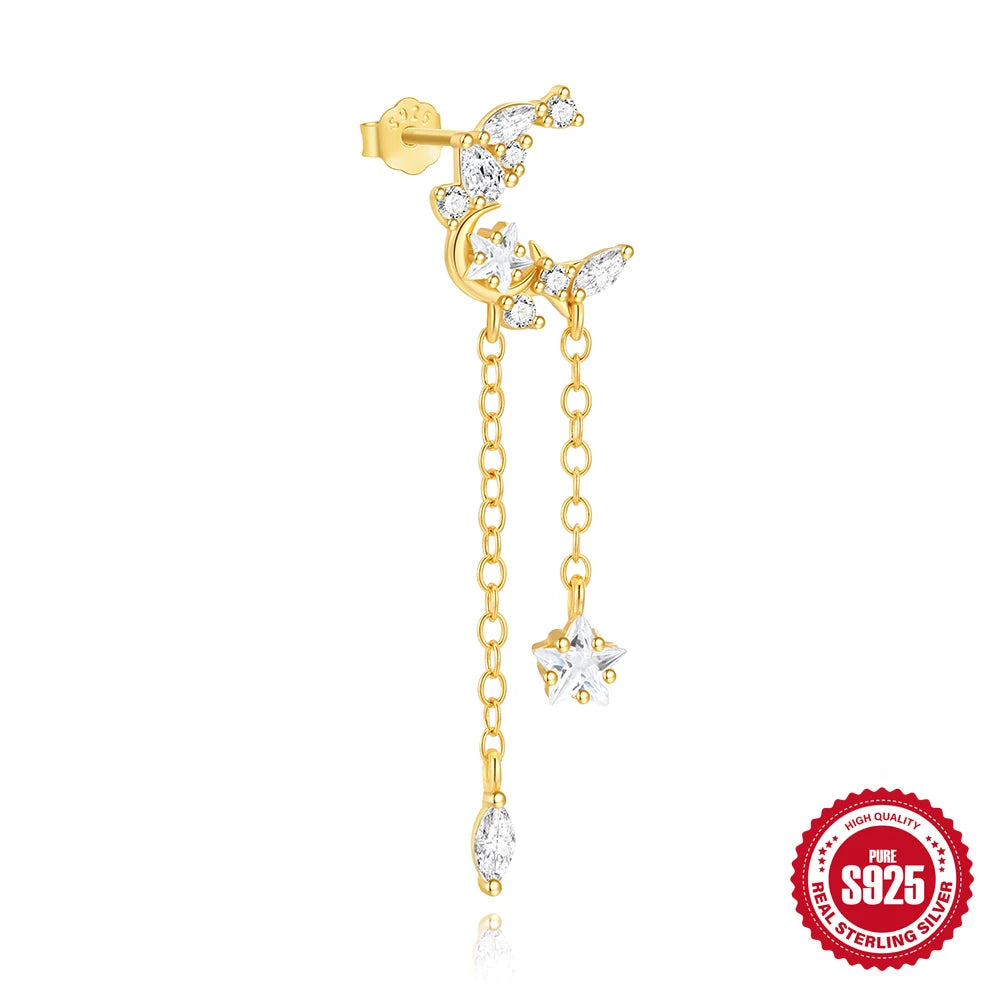 AIDE Star Moon Chain Tassel  925 Sterling Silver Shiny For Woman Piercing Earring Fashion Dainty Luxury Style fine jewelry