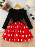 2026 casual new girls' polka dot pattern lace border collar spliced princess style belt dress, girls' spring and summer clothing