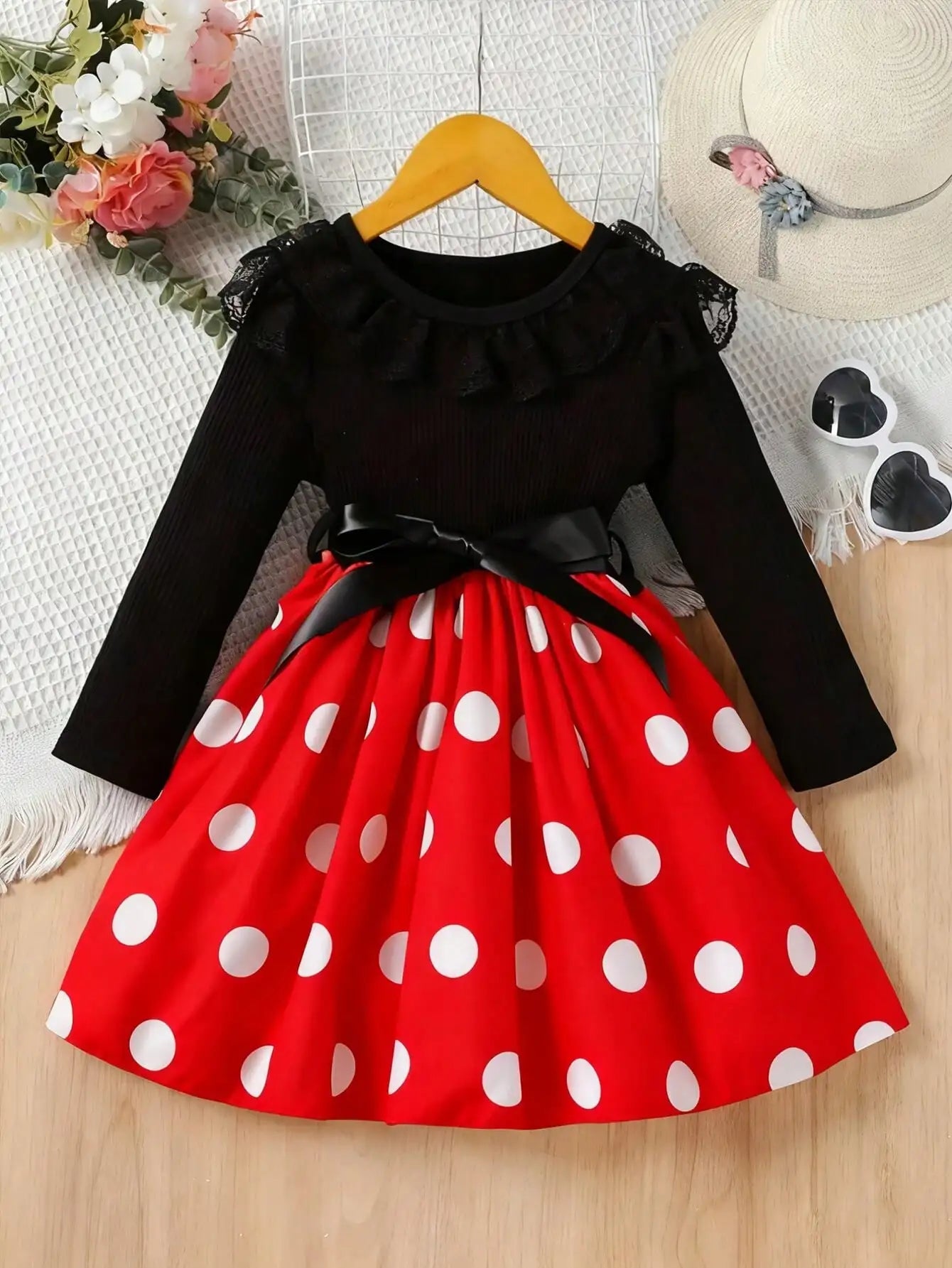 2026 casual new girls' polka dot pattern lace border collar spliced princess style belt dress, girls' spring and summer clothing