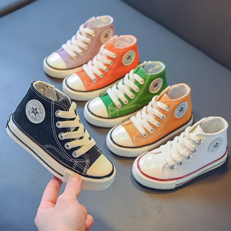 Children's Solid Color Canvas Shoes Sewing Thread Zipper Kids Fashion Round Toe Outdoor Soft Sole Simple Retro Style Shoes