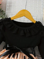 2026 casual new girls' polka dot pattern lace border collar spliced princess style belt dress, girls' spring and summer clothing