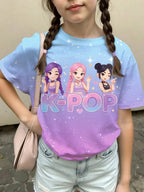 Kpop Cartoon Graphic Girls T-Shirt Casual Round-Neck T-Shirt Suitable for Girls Kids Gift Short Sleeve Tops Children's Clothing