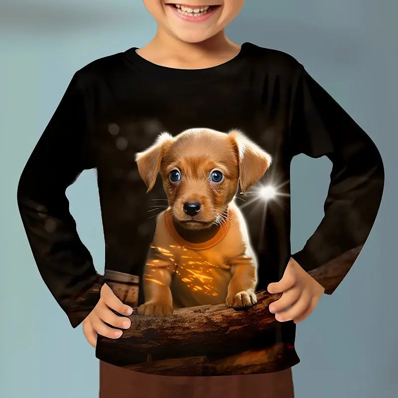 3D Cat Graphic T Shirts Autumn Clothing for Girls O-Neck Streetwear Top Long Sleeve T-Shirt Cartoon Animal Children's T-Shirts