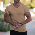 Men's V-Neck Ribbed Slim Fit T-Shirt 2026 Summer Casual Short Sleeve Muscle Fit Tops Streetwear Bodycon Tees