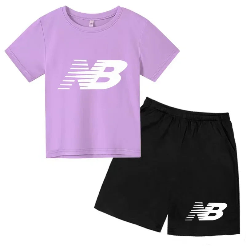 Two-piece kids' set: short-sleeve T-shirt and shorts with musical star print. Perfect for summer sports and trendy style, suitab