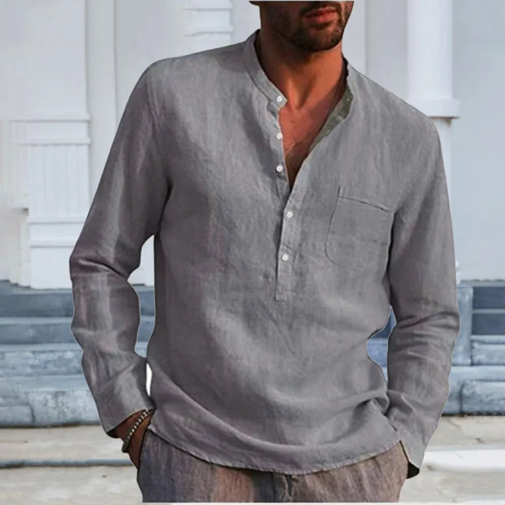 Cotton Linen Hot Sale Men's Long-Sleeved Shirts Summer Solid Color Stand-Up Collar Casual Beach Style Plus Size