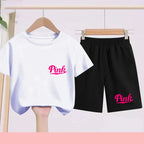 Children's summer multi-color sports short-sleeved T-shirt shorts 2-piece cartoon exquisite print children's first gift