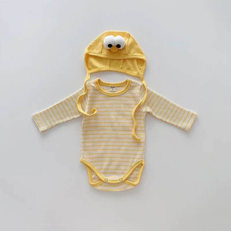 2026 Spring New Baby Long Sleeve Bodysuit + Hat Infant Girls Cute Thin Striped Jumpsuit Newborn Toddler Cotton Clothes 0-24M