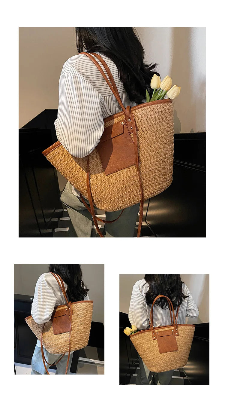 Handmade Beach Vacation Straw Woven Bag For Women Single-Shoulder Summer Straw Beach Bags Shopper Baskets Bohemian Large Tote Ba