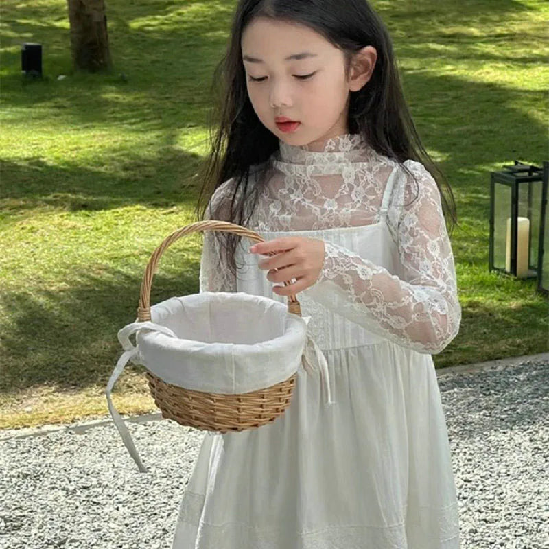 2026 New Girls Dresses Summer Solid Suspenders Dress Hollow-out Long-Sleeved Base Blouse Kid's Beach Wear
