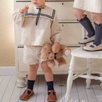 2026 Summer New Children Long Sleeve Clothes Set Boys Girls Bow Sailor Collar Shirts + Shorts 2pcs Suit Kids Cotton Outfits