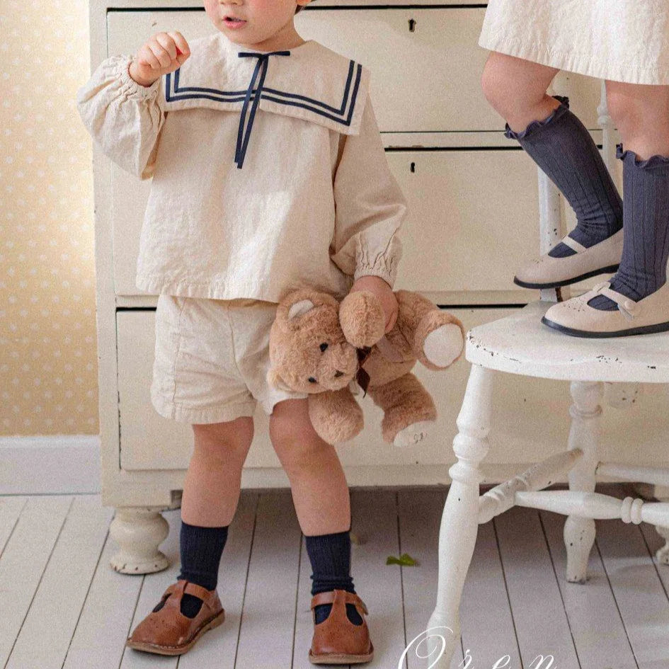 2026 Summer New Children Long Sleeve Clothes Set Boys Girls Bow Sailor Collar Shirts + Shorts 2pcs Suit Kids Cotton Outfits