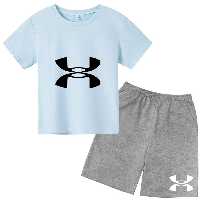 enfants en 2 piècesT-shirt et short de sport à manches courtes pour enfants avec logo imprimé - Ensemble de vêtements de sport